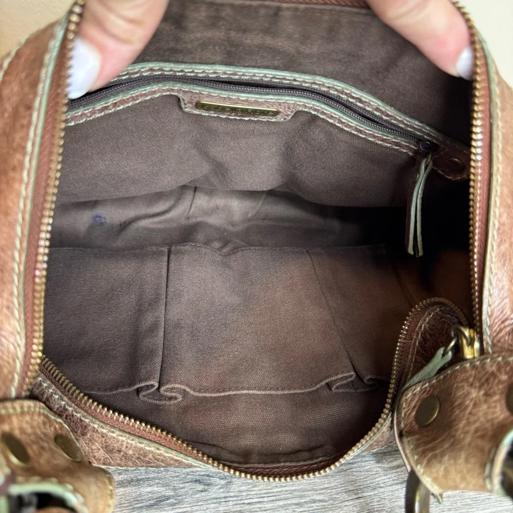 Isabella Fiore Oasis Hobo Brown Distressed Leather Brass Studded Shoulder Bag - Picture 8 of 16